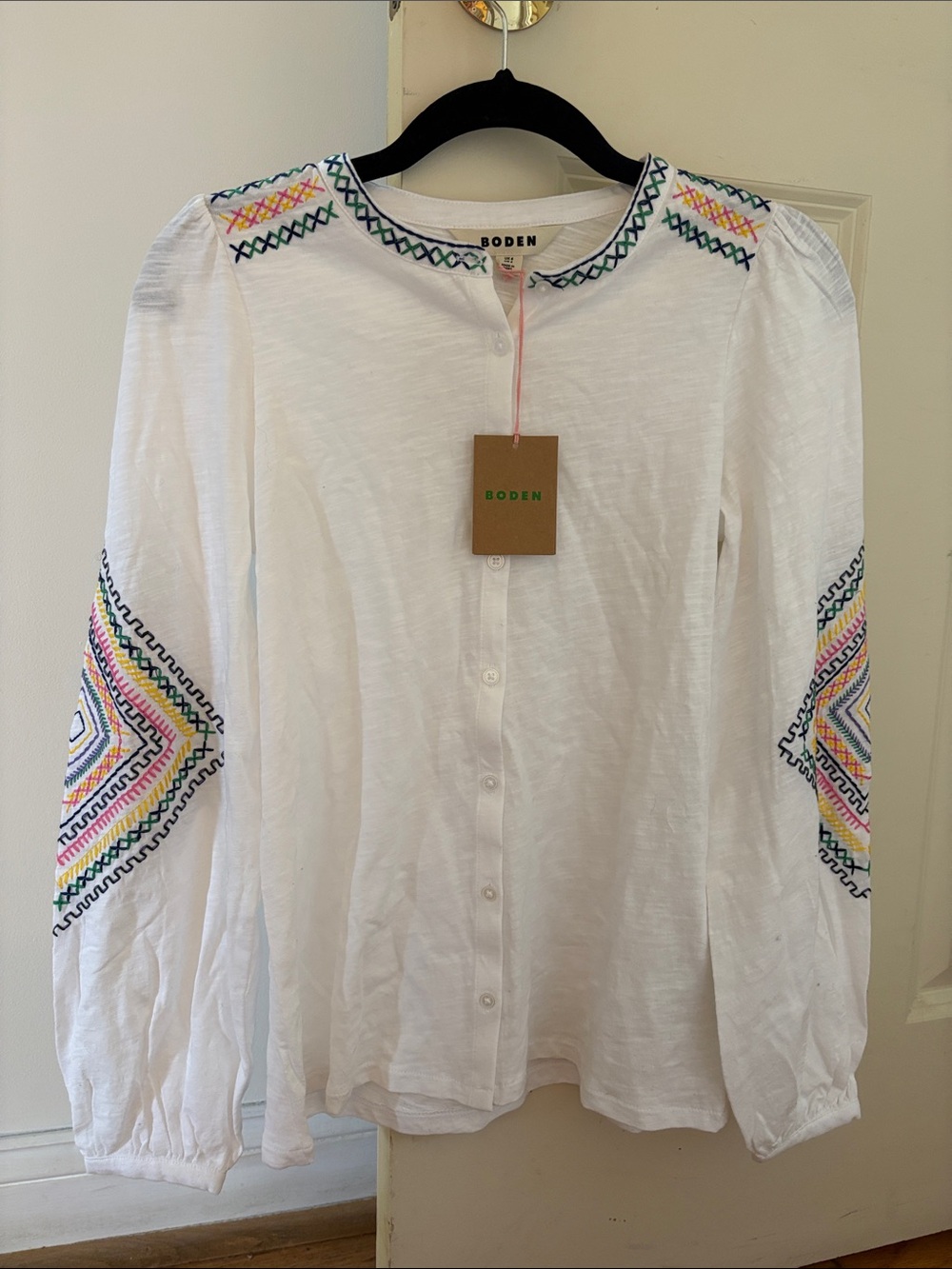 Boden White Button-Down Top with Colorful Embroidery